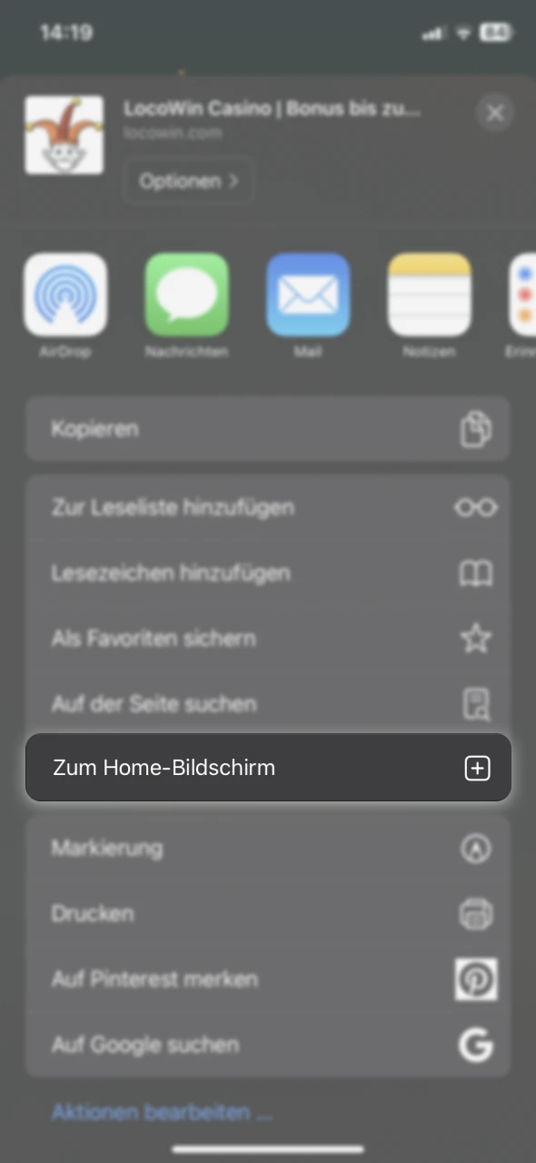 Drücken Sie „Hinzufügen“, um die Locowin-App auf dem Startbildschirm zu erstellen.