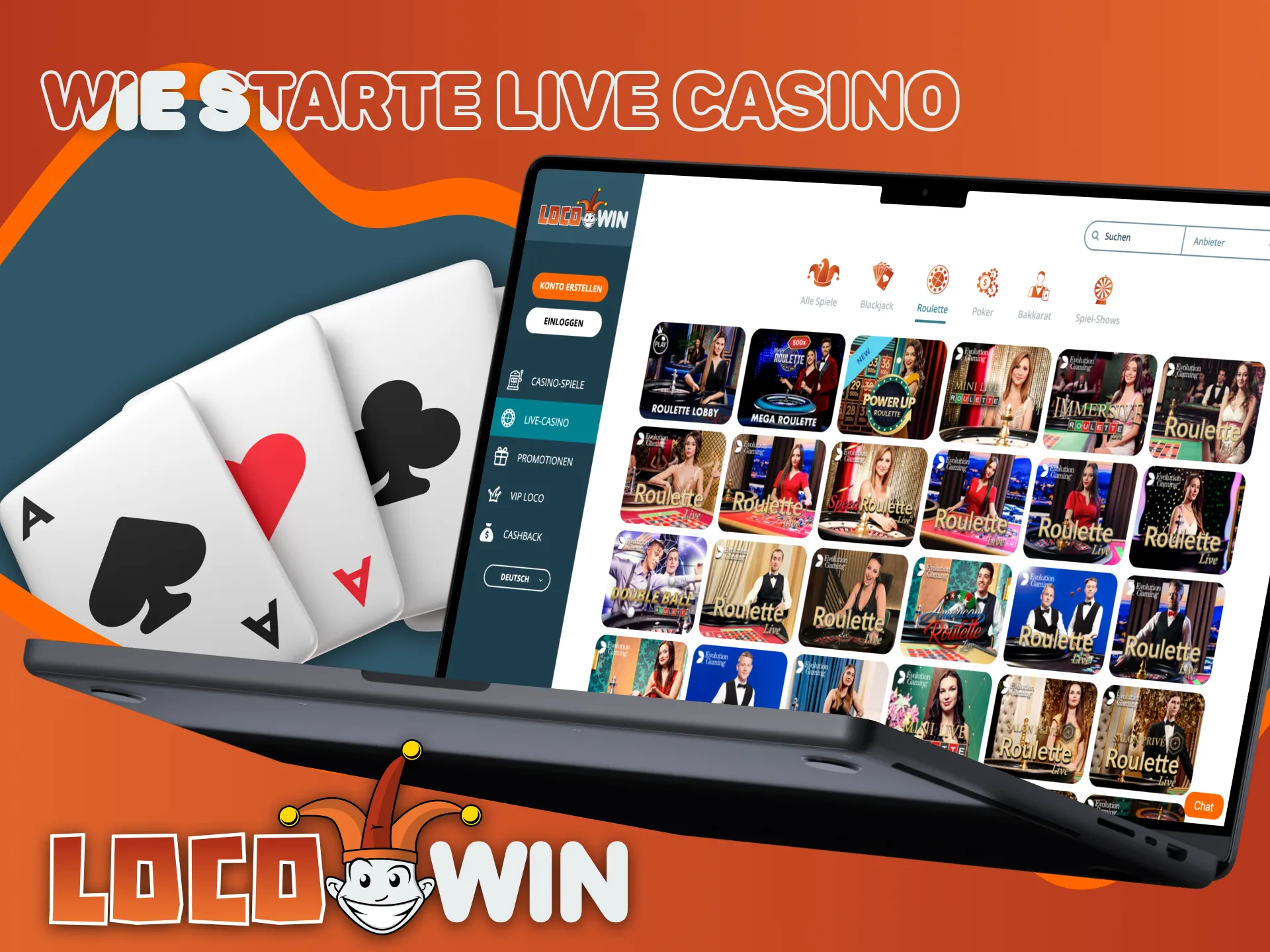 Lesen Sie die Anleitung, wie Sie im Locowin Live-Casino spielen können.