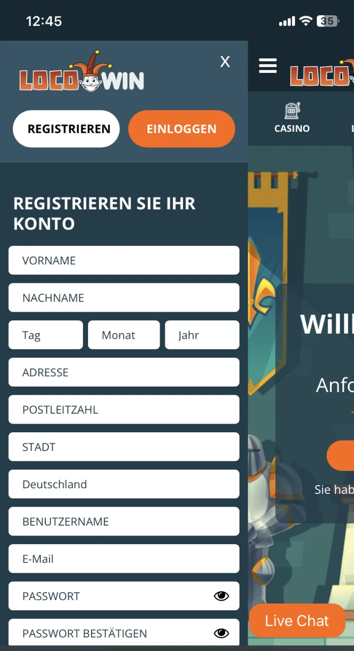 Geben Sie Ihre Daten auf der LocoWin-Website ein.