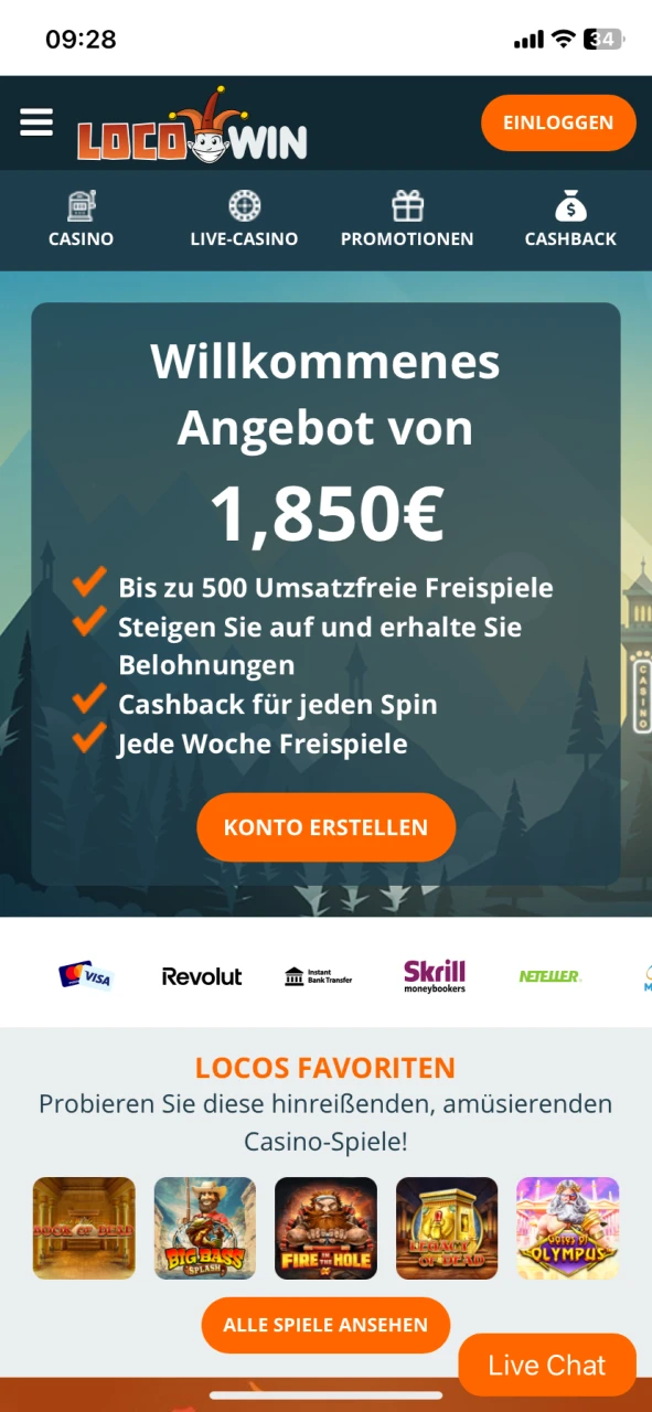 Gehen Sie zur Locowin Casino Hauptseite.